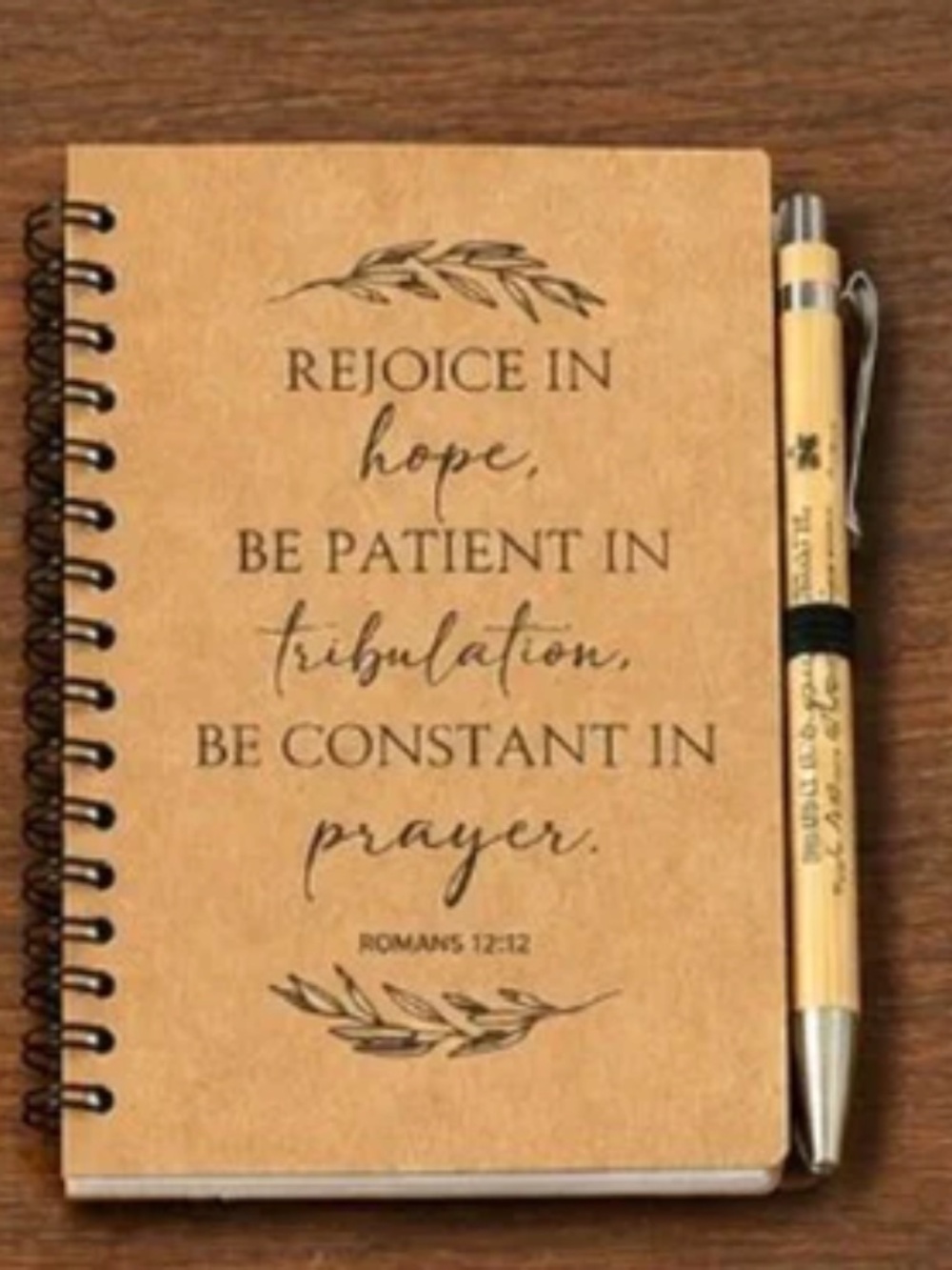 Christian Mini Spiral Notebook & Matching Bamboo Pen | Romans 12:12 | New